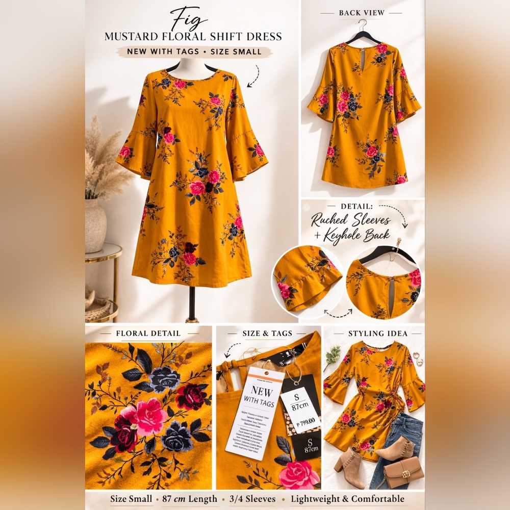 Figs Mustard Floral Dress with Ruched Sleeves
